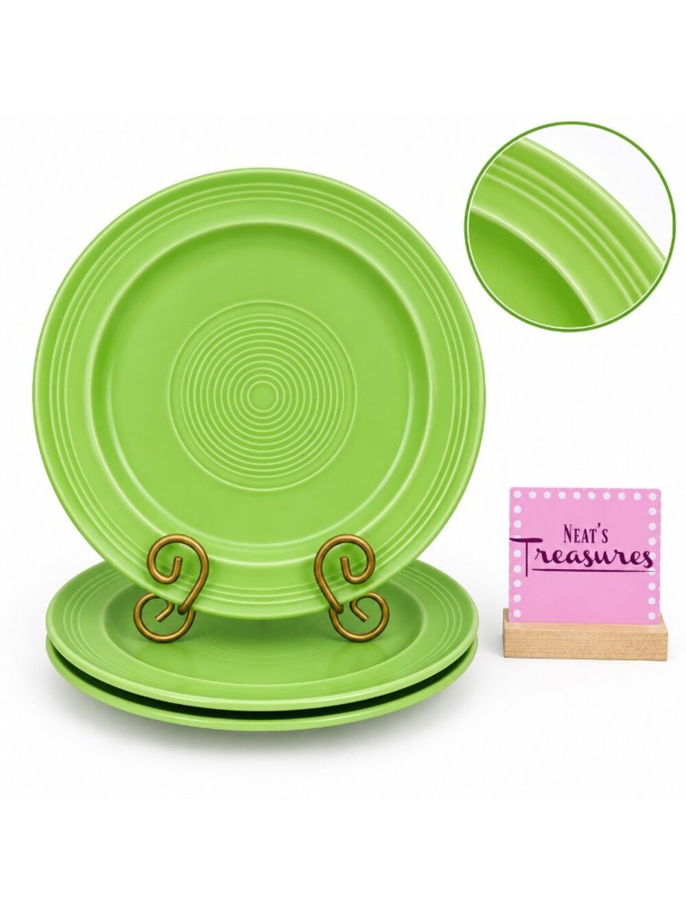 Solid GREEN Round  Embossed Rings Solid  Stoneware Deep Dish Dinner Plate Set 3